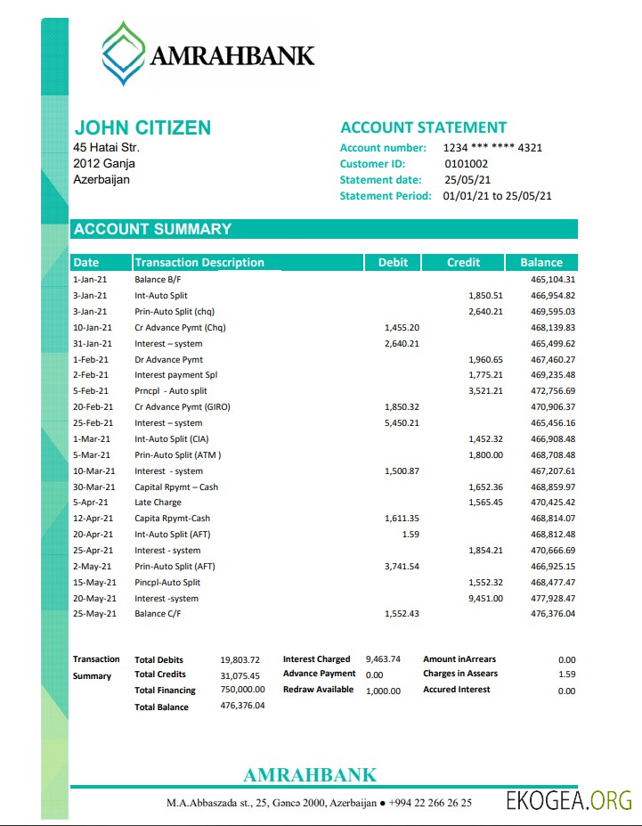 Relevé bancaire d'Azerbaïdjan Amrahbank, modèle facile à remplir au format Excel et PDF